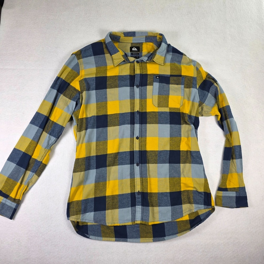 Quiksilver Mens Flannel Shirt XXL Yellow Blue Plaid Long Sleeve Button Up Cotton